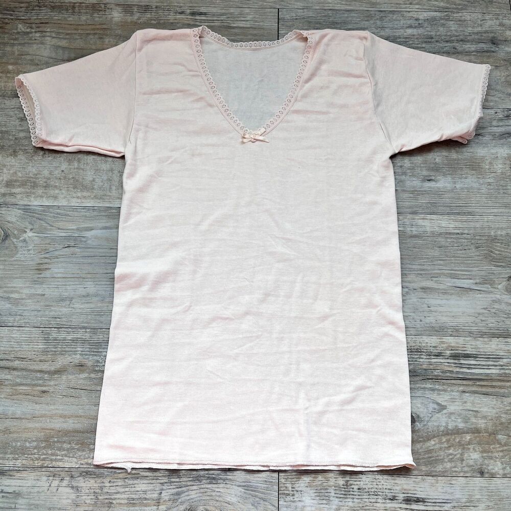 Peach Pink Balletcore Tee Small Soft Girl Lace Trim Satin Bow Coquette Cute